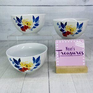 Tabletops ANEMONE BlueYellow Red Floral Round Porcelain Soup Cereal Bowls Set 3